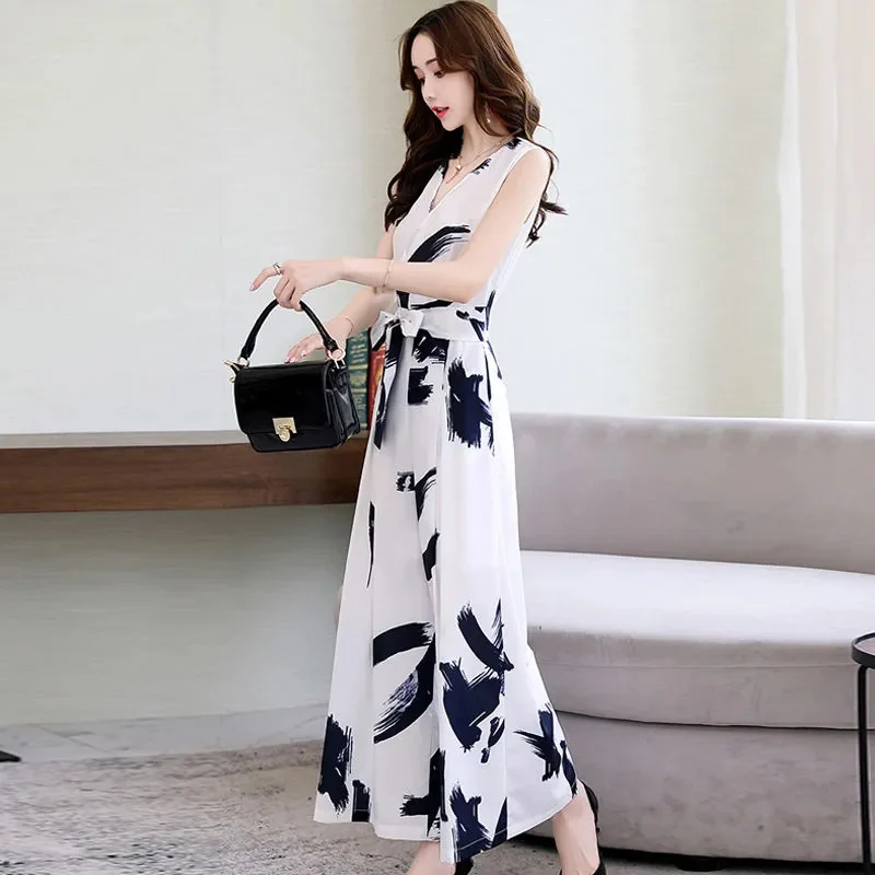 Chiffon Jumpsuit 2024 Summer Thin Women's Printed Fashionable and Stylish Drape Light Mature Wide Leg Overalls Set Women