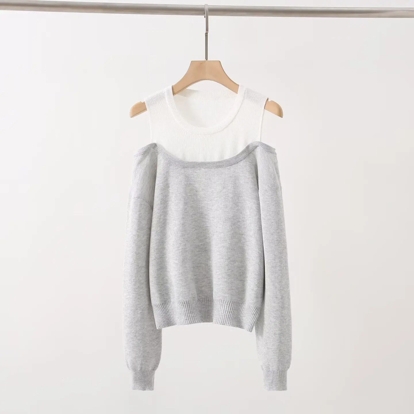 Ele oulder-bared tricots automne 2025 Sli épissage conception minceur haut tendance pour les femmes trajet Sle Long Sve