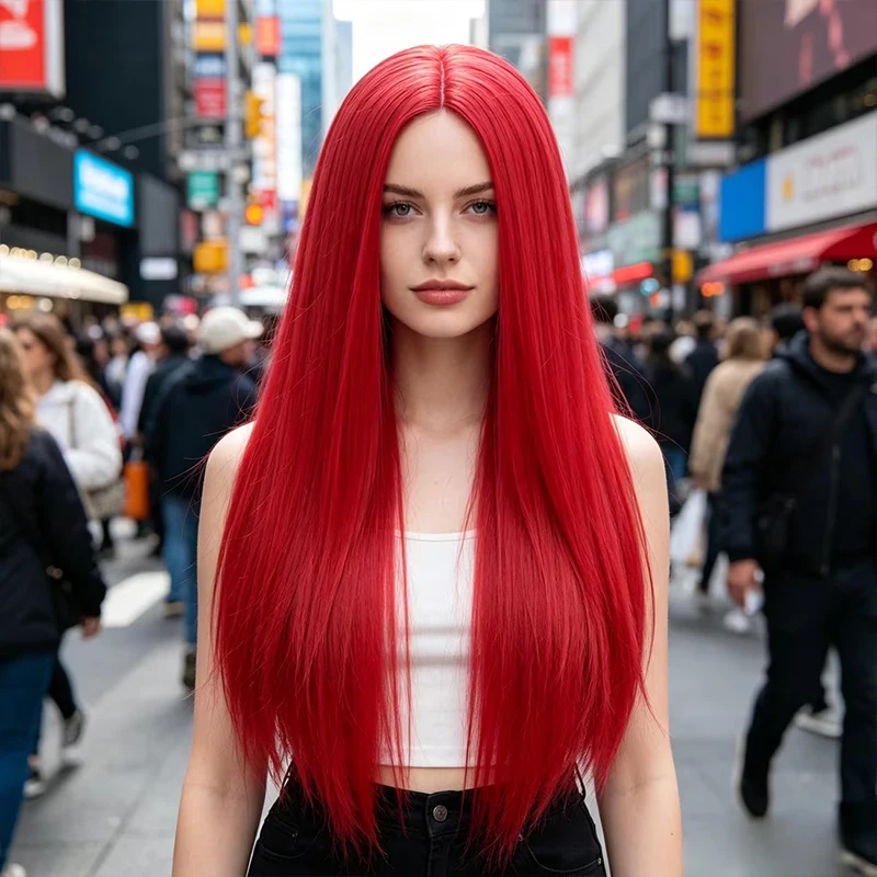28-inch red, long, straight synthetic wig for women, with a centre parting, heat-resistant, full-head style, for women’s styling