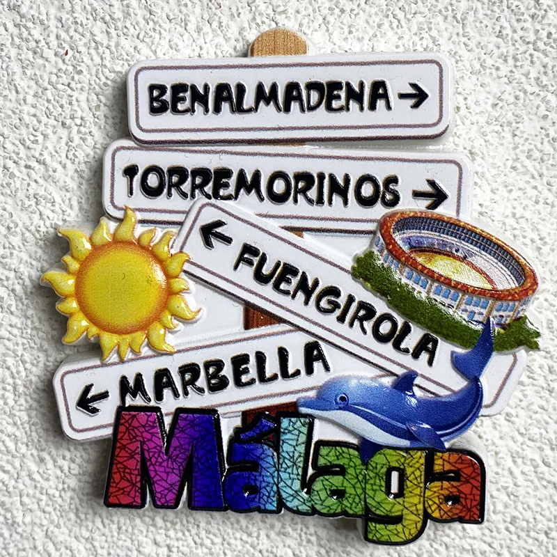 

Tourist souvenir from Malaga, Spain, 3D road sign shaped refrigerator magnet, office, home kitchen decoration gift
