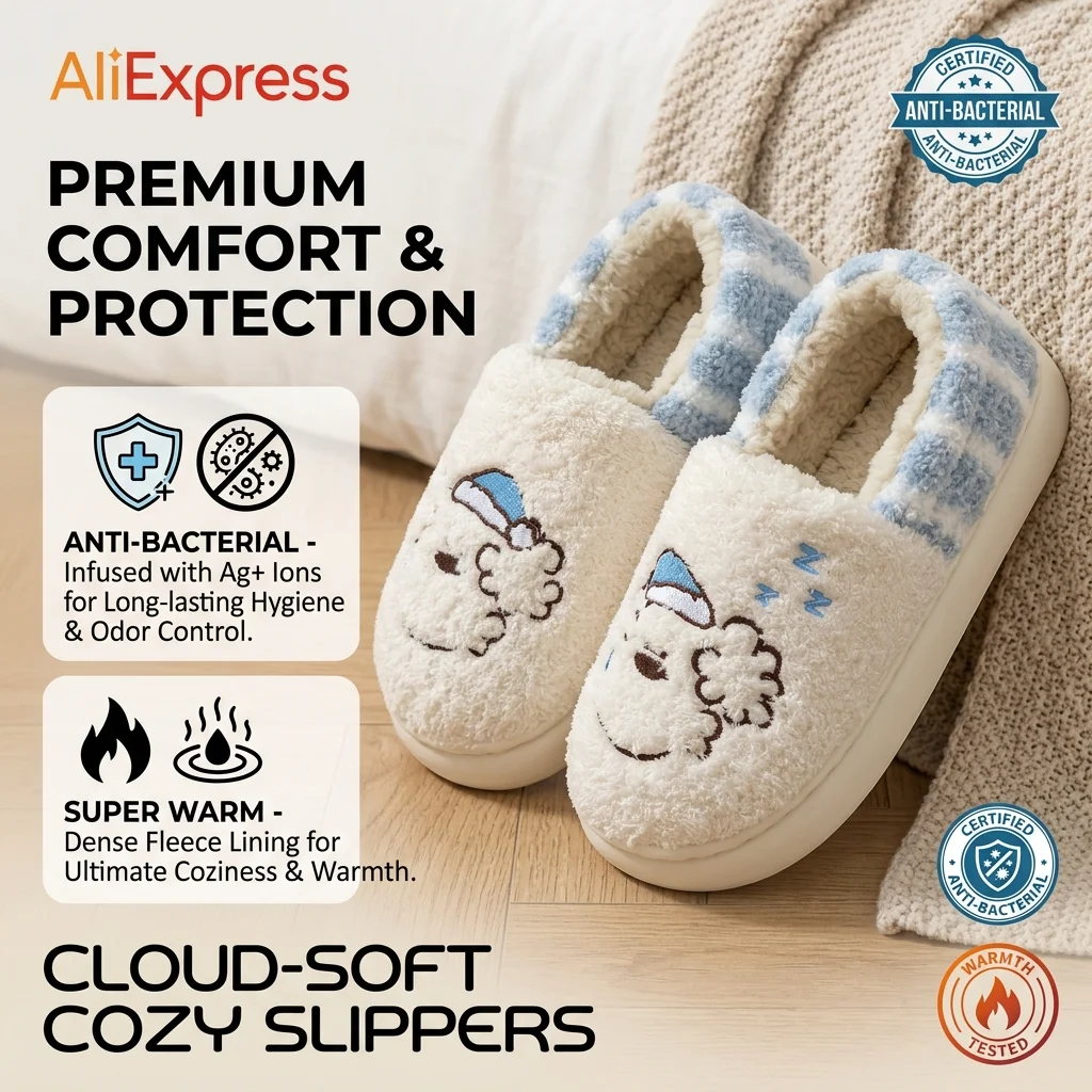 Women Cute Puppy Pattern Fluffy House Slippers Winter Cozy Furry Non-slip Indoor Bedroom Warm Home Shoes