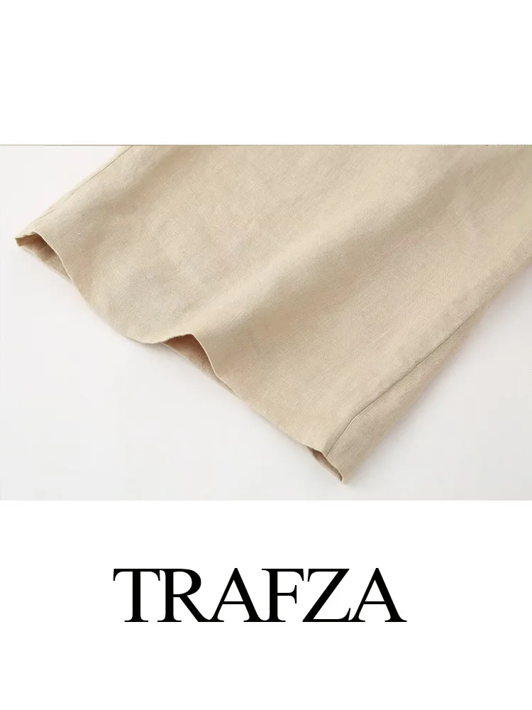 TRAFZA-طقم بنطال بساق واسعة للنساء ، بدلة نسائية ، ياقة مطوية لأسفل ، أكمام طويلة ، زر واحد ، قمم كتان ، خصر مرتفع ، دانتيل بفيونكة ، موضة