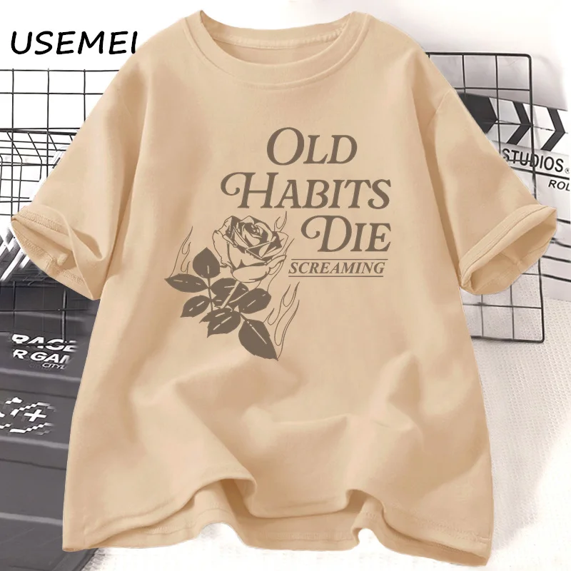 Old Habits Die Screaming T Shirt Women The Tortured Poets Department Ttpd Slower T-shirt Cotton Short Sleeve Graphic T Shirts