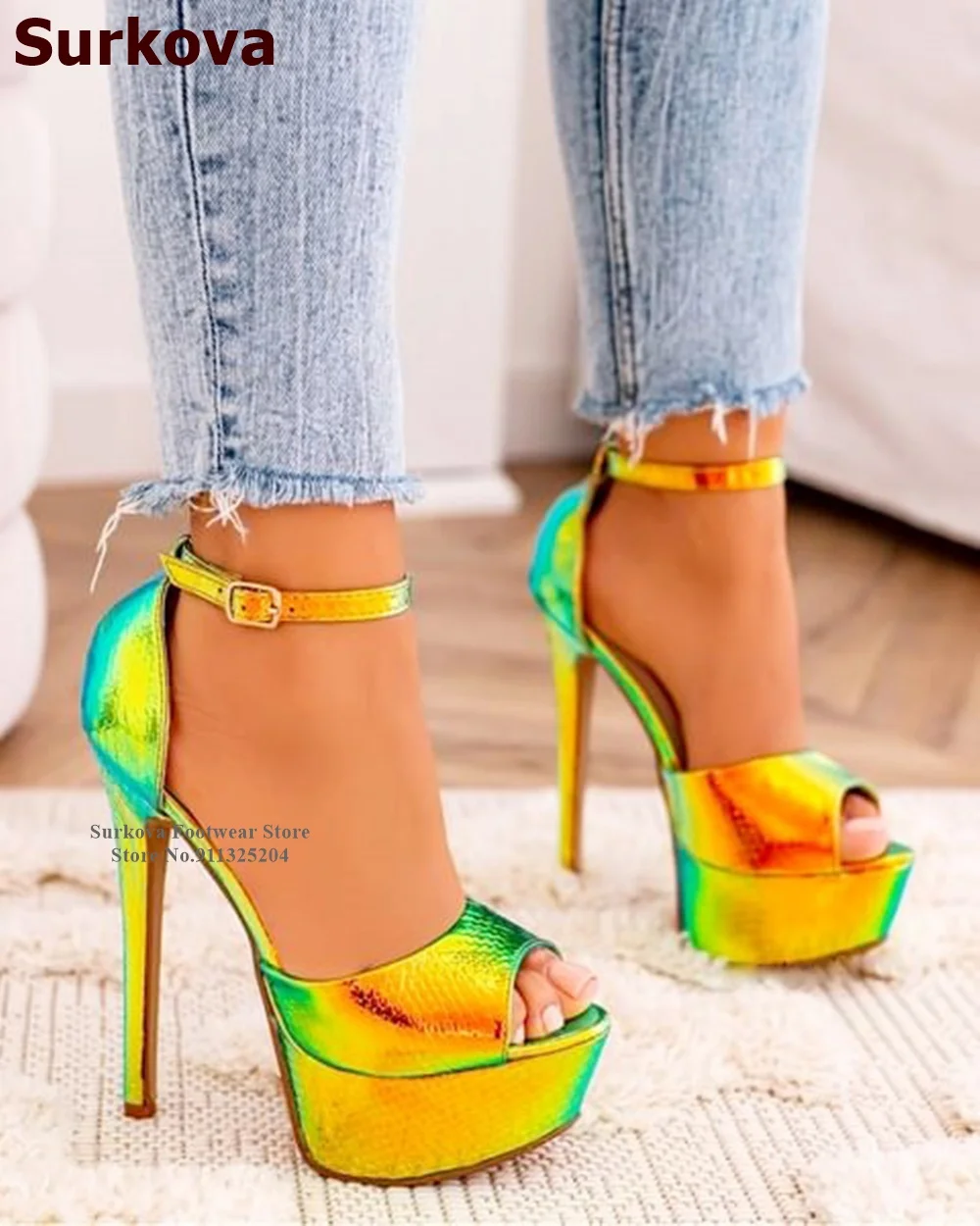 

Surkova Hologram Iridescent Gold Snakeskin Sandals Pink Black Thin High Heel Platform Dress Shoes Open Toe Buckle Strap Heels