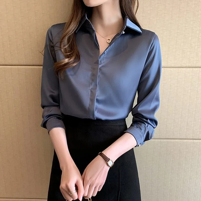 

2024 Spring Dress New Long Sleeve Loose Shirt Satin Shirts Women Design Sense Minority Chiffon Professional Underlay Shirt