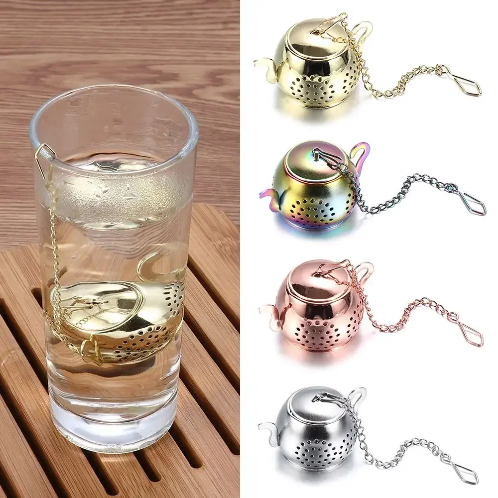 1 buah saringan teh bentuk teko baja tahan karat Infuser teh longgar dengan rantai saringan rempah-rempah Herbal Diffuser peralatan dapur perlengkapan minum teh