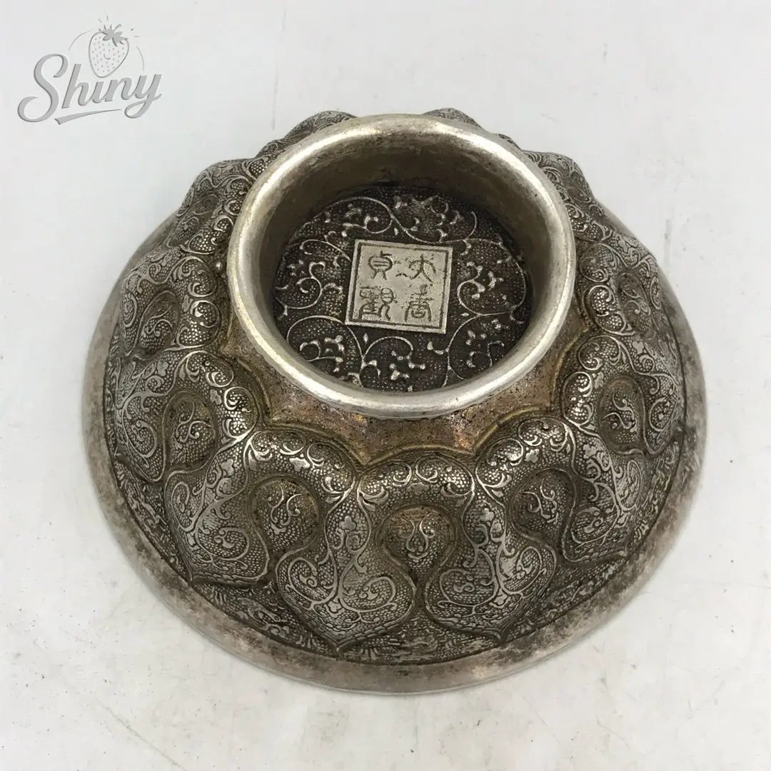 China Silver Bronze Carved Cup Wine Cup Auspicious Beast Statues Tang Dynasty Metal Crafts Vintage Home Decoration Bowl
