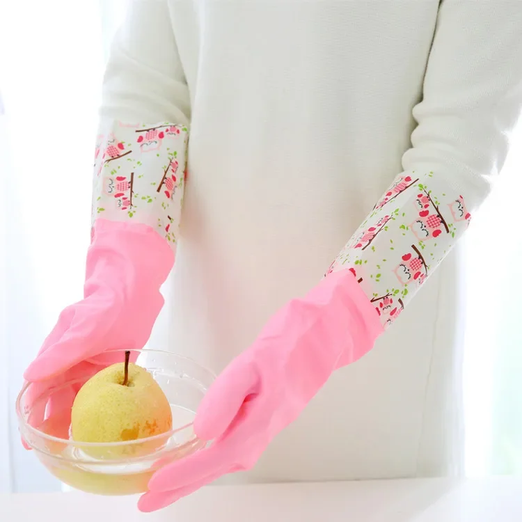 Household kitchen PVC gloves washing dishes cleaning winter thickened and lengthen latex gloves