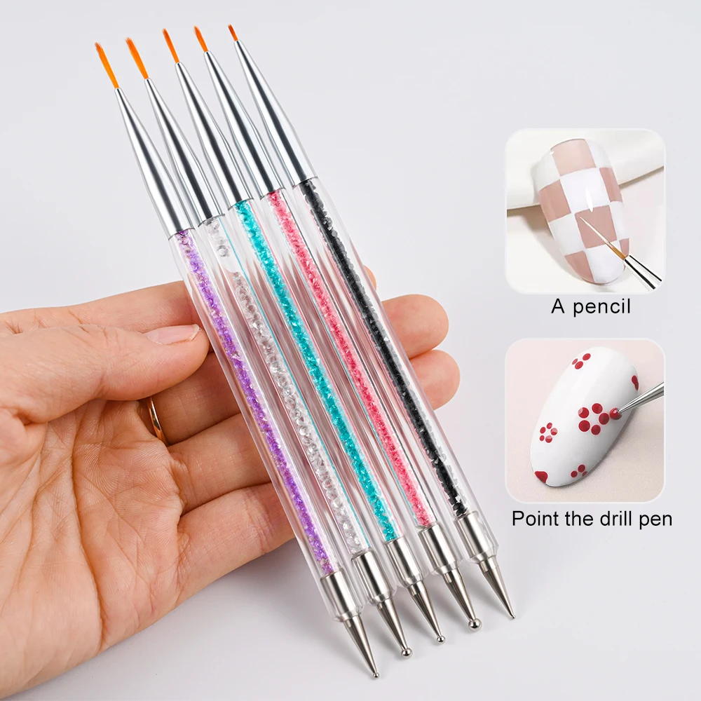 5PC Dual Heads Crystal Point Drill Pen Nail Brush 2 IN 1 Colourful Stay Wire Pen Rhinestones Gem Dotter DIY Drill Nail Art Tools