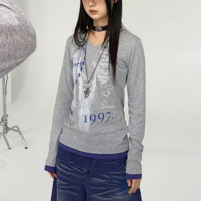 

Fashionable Vintage Printed V-Neck Pullovers Spring Autumn Long Sleeve Women's Clothing Korean Casual Letter Slim Basic T-shirts