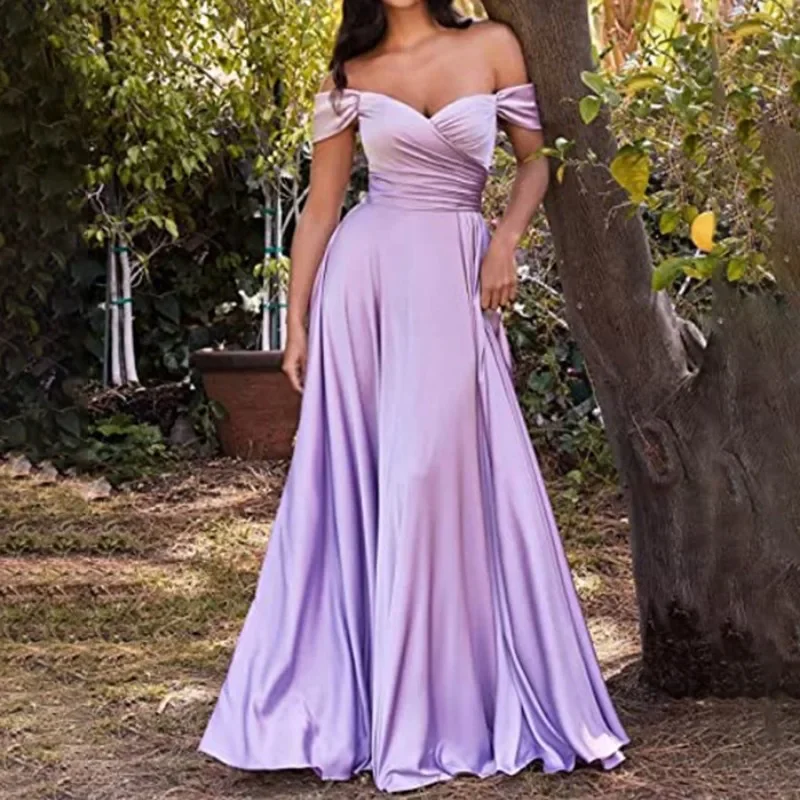 Customized Sexy Satin Off The Shoulder Split Evening Dresses European A-Line Prom Dress Women Cross Slim Waist Prom Dresses فسات