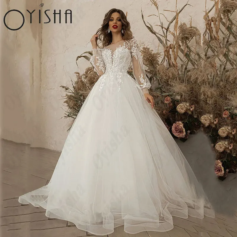 Oyisha Applikationen Spitze Puff Ärmel Brautkleider Illusion Schaufel A-Linie Tüll Schnürung Sweep Zug Braut Kleid Vestido de MariagesOYISHA Applikationen Spitze Puff Ärmel Brautkleider Illusion Scoop A-Linie Tüll Spit