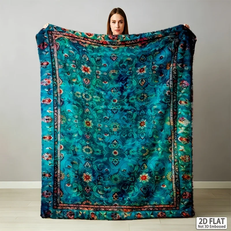 Elegant Turquoise Floral Blanket Aesthetic Flower Patterns Soft Cozy Throw for Bed Sofa Bedroom Living Room Decor