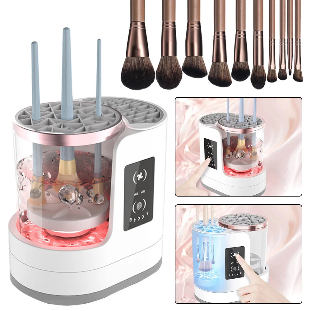 Machine de nettoyage et séchage électrique multifonction pour pinceaux de maquillage, efficace, outil de nettoyage en profondeur, nettoyeur et sécheur de pinceaux de maquillage électrique portable 2 en 1, lave-pinceaux automatique avec minuterie, stérilisateur UV, écran tactile, nettoyage en profondeur à haute vitesse