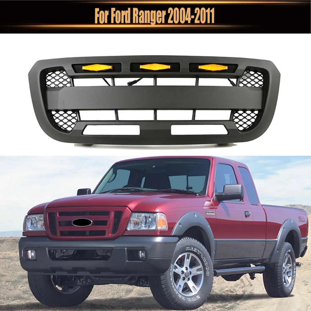 For Ford Ranger 2004-2011 Car Modified ABS Front Bumper Mask Grille Racing Grill with LED Lights Auto Exterior Parts Black