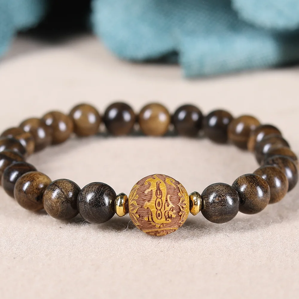 

DIY Agarwood Bracelet with Boxwood Carved Pixiu Spacer Beads Vintage Style Buddhist Prayer Bead Jewelry Gifts