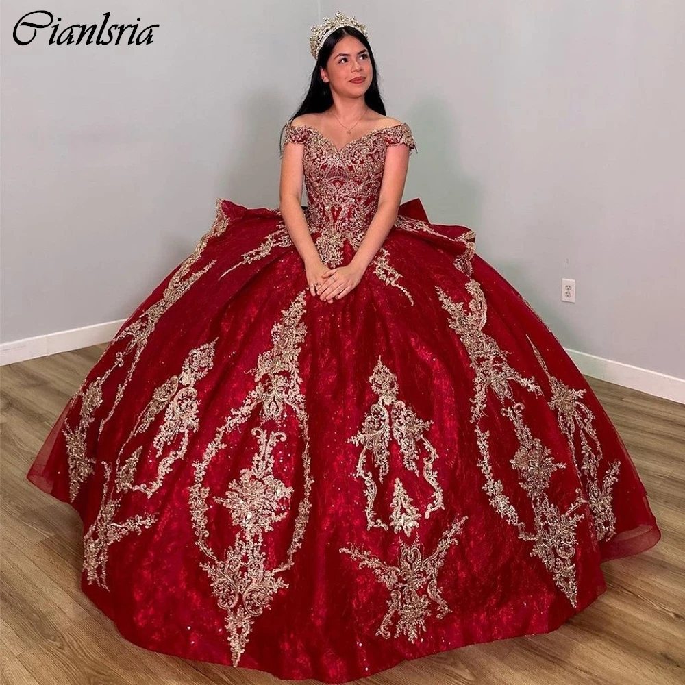 Red Bow Ruffles Ball Gown Quinceanera Dresses Off The Shoulder Sequined Appliques Lace Corset Vestidos De 15 Años