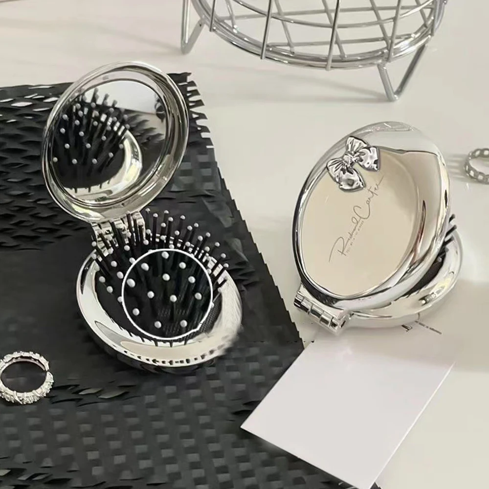 Tragbare Mini Silber Taschenspiegel Klappkamm Mädchen Frauen Runde Kleine Reise Massage Haarbürste mit Spiegel Styling Zubehör