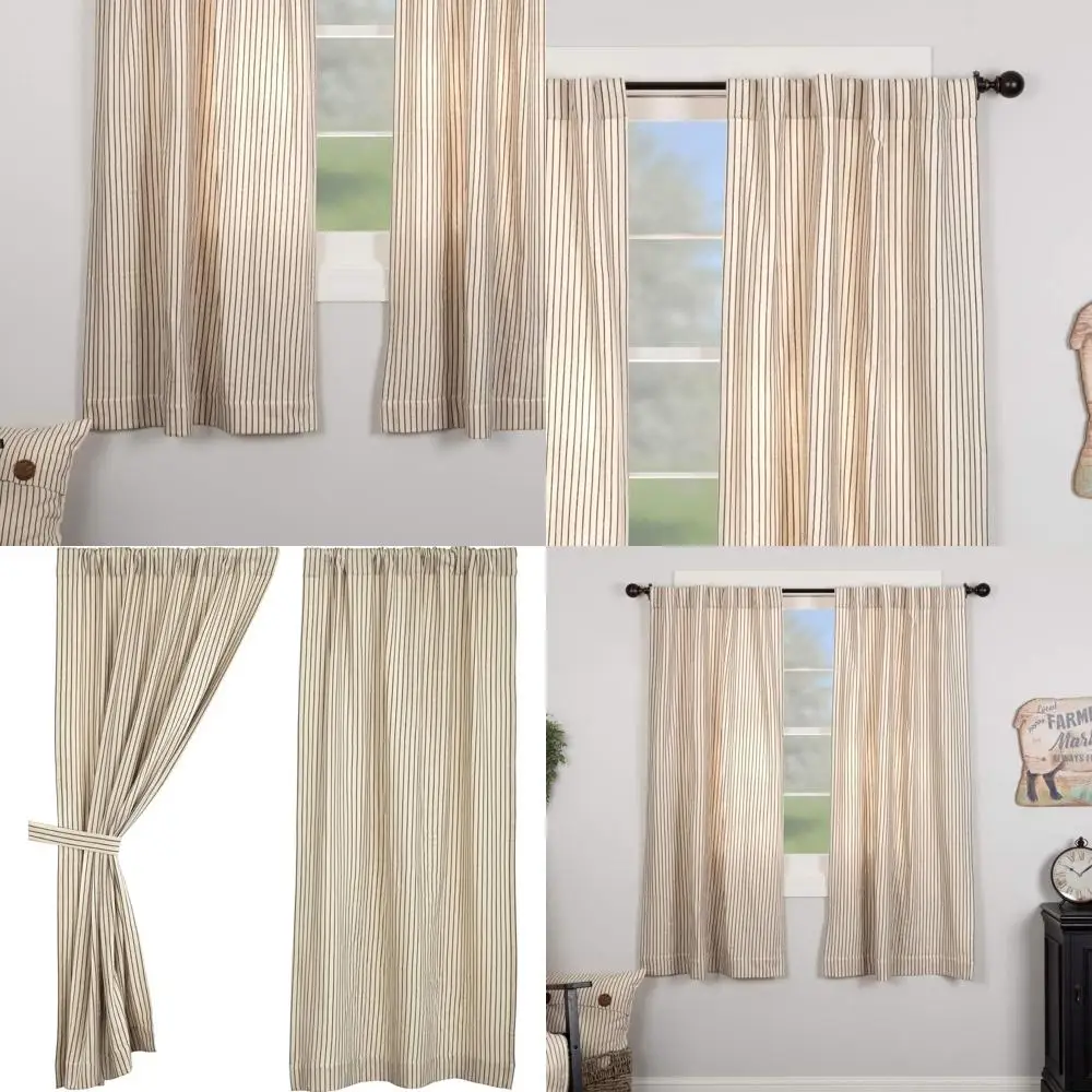 

Vintage Striped Panel Curtains, Set of 2, 63 Length, Rustic Farmhouse Boho Style, Natural Cream with Black Stripes