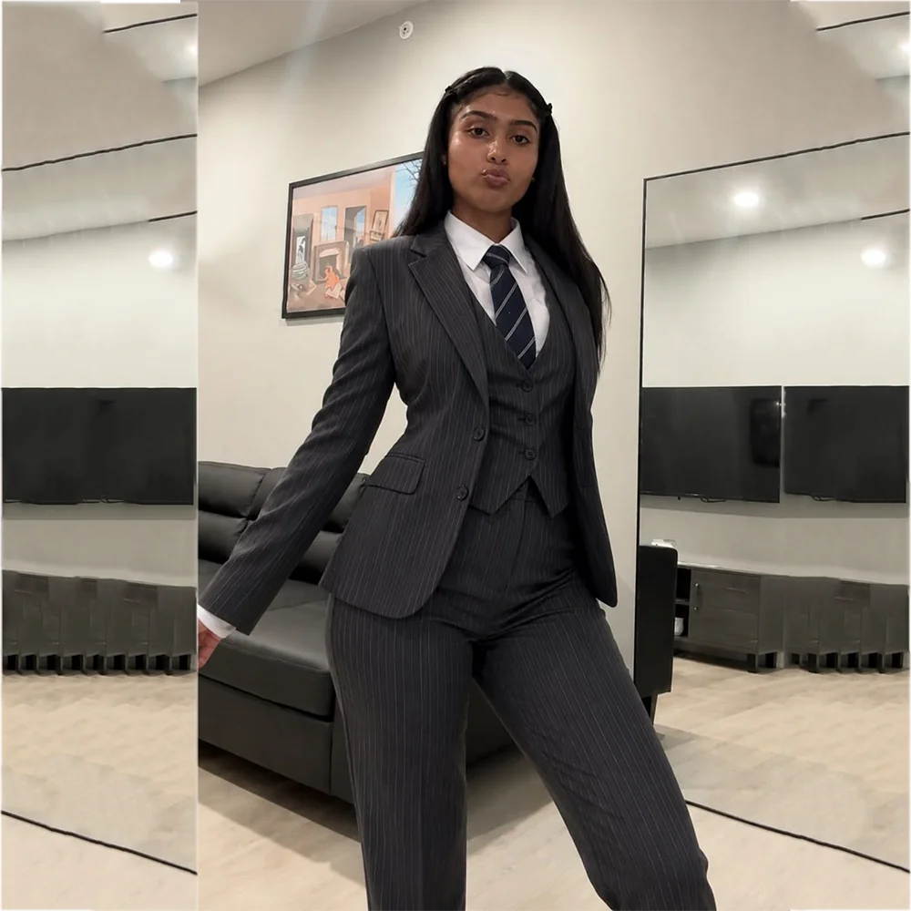 Classic Grey Striped 3 Piece Pants Suit For Women Tailored Notched Lapel Blazer Vest Pants Slim Fitted Formal Office Wear