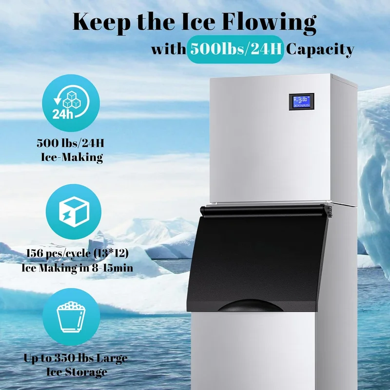 

500LBS/24H Commercial Cube Ice Maker 22-Inch Industrial Machine + 350-Pound Storage Box