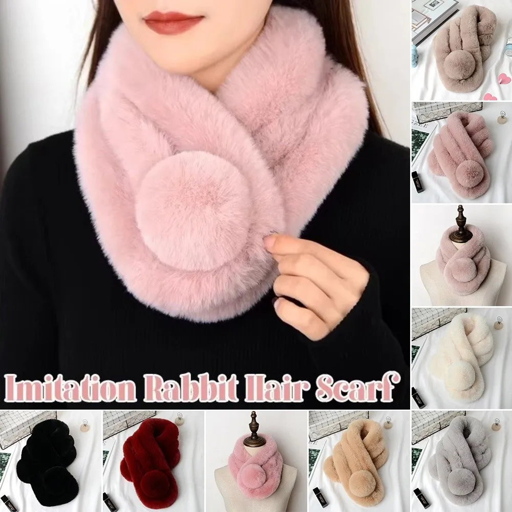 Fashion Accessory Solid Color Cross Scarf Faux Rabbit Fur Thicken Neck Scarf Neck Protection Shawl Winter