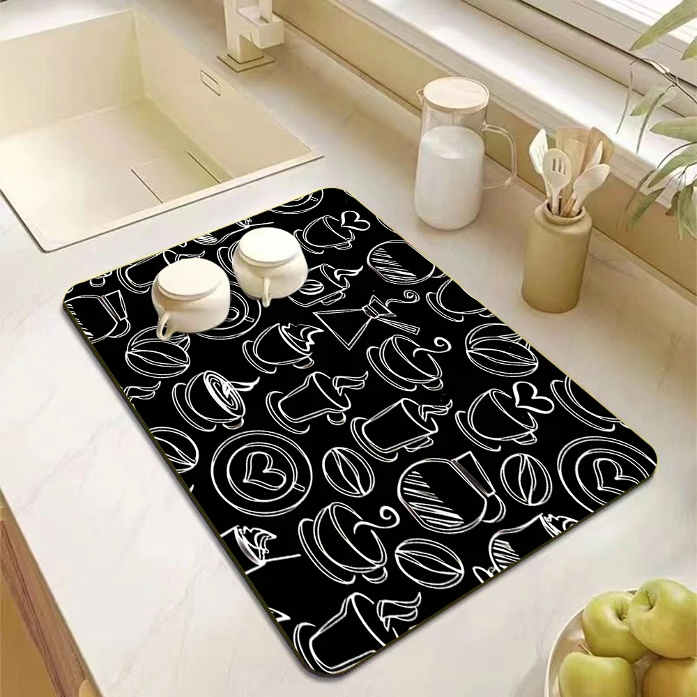 Coffee Themed Chalkboard Retro Kitchen Drying Mat Non-slip Quick Dry Super Durable Mat Specialized Pad for Home Coffee Station