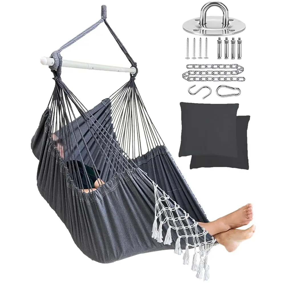 

Hammo Chair Hanging Chair Swing Chair Xxl Large Rame Swing Indoor Hammo For Bedroom - Max 500 Lbs - 2 Cushions & All Hanging