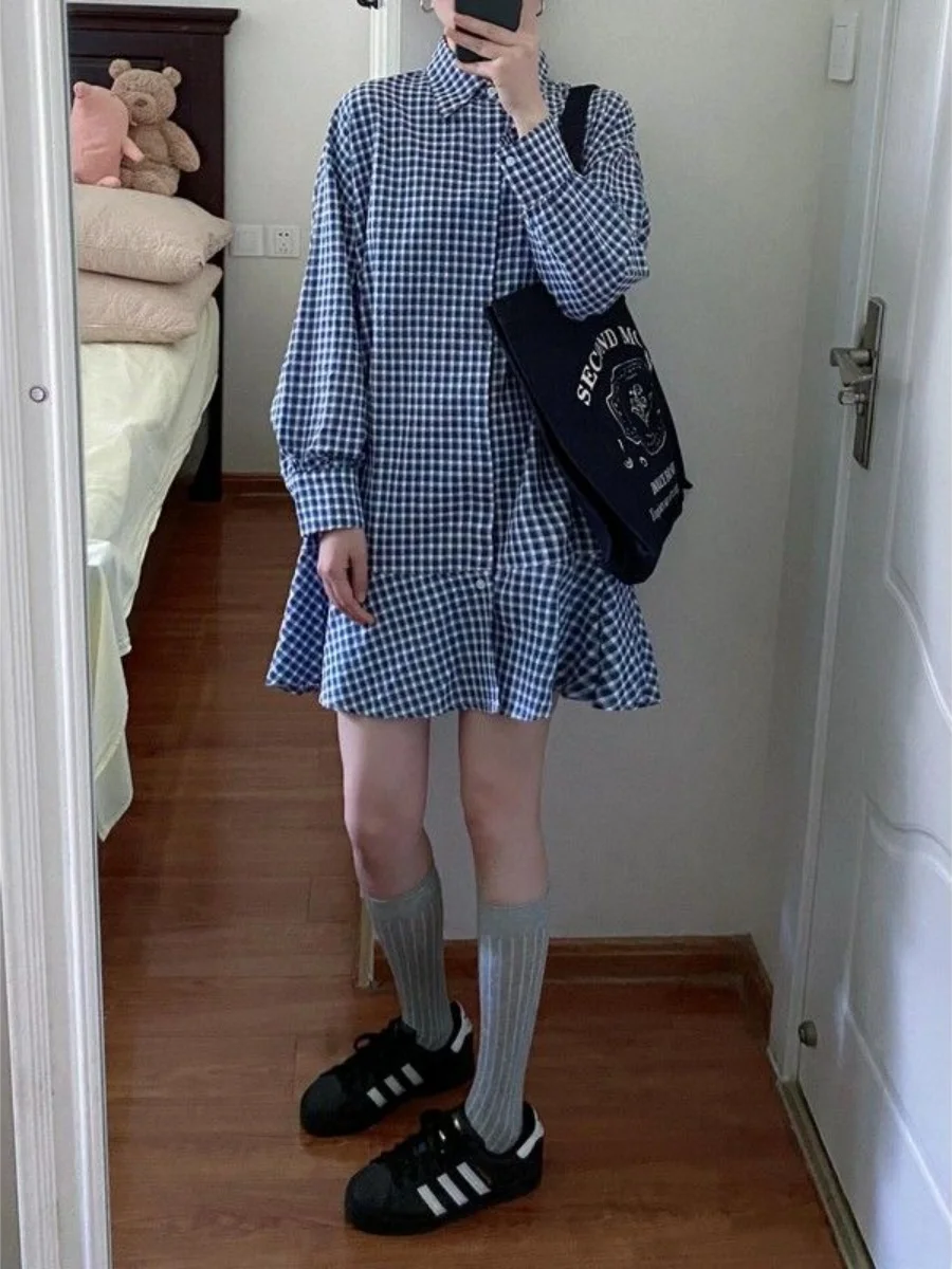 plus Size 300 Pounds Checkered Shirt Dress Women's Loose Autumn High Waist Long Sleeve Button up Korean Style Fashionable Dress