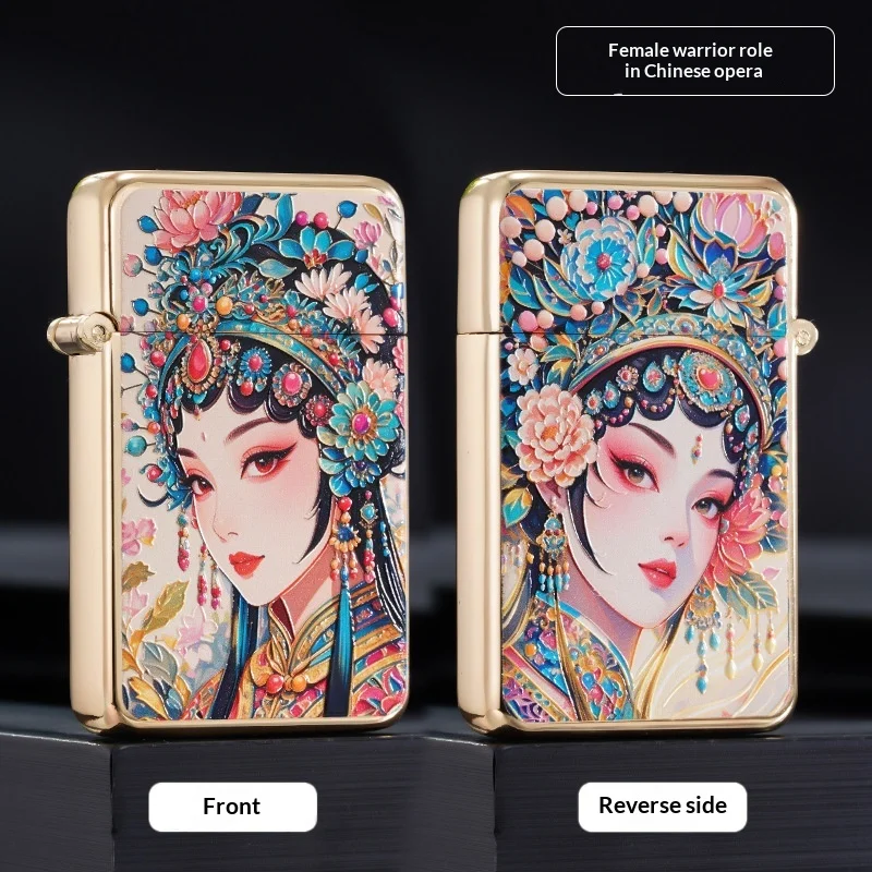 Windproof Refillable Butane Lighter Chinese Peking Opera Pattern Press Ignition Red Flame Metal Lighter Perfect Gift for Men