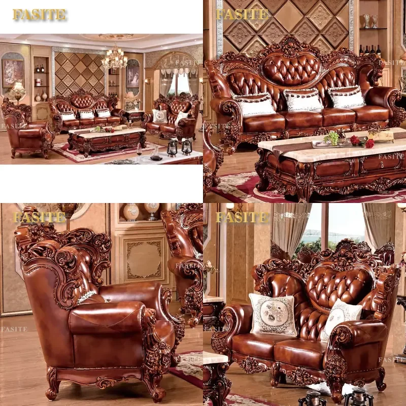 For European Luxurious Classic Living Room Carved Solid Wood Sofa Genuine Leather Couch 1 2 4 Seater Antique Style Furniture