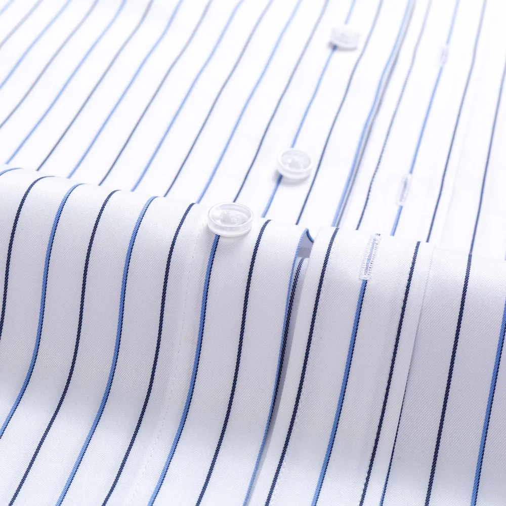 Men\'s Classic Long Sleeve Non-Iron Striped Dress Shirts Removable Collar Stays Formal Business Regular Fit Pure Cotton Shirt