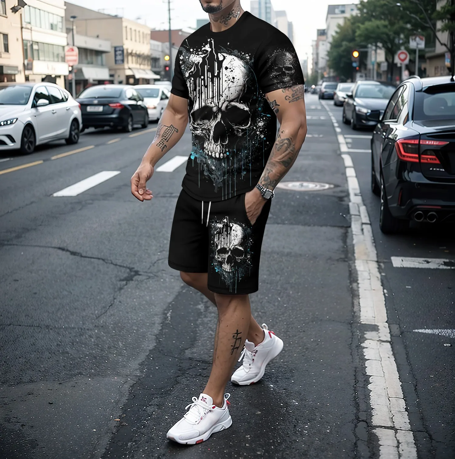 Summer men\'s O-neck short sleeved shorts set with 3D skull print fashion casual cool personality T-shirt set sports set