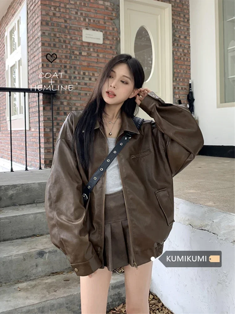 

Sweet Hot Girl Hong Kong Style Suit Women's Autumn Long-sleeved PU Jacket Pleated Skirt Two-piece Set Fashion Female Clothes