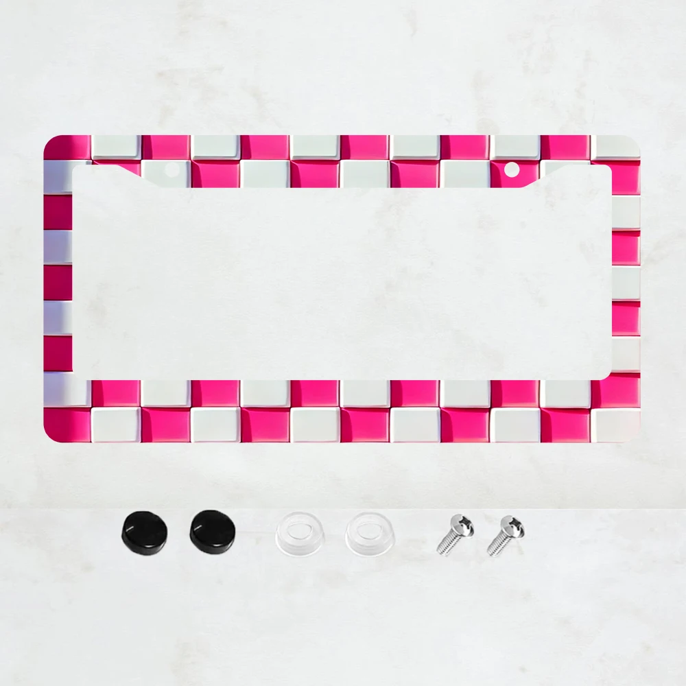 

1PC Pink White Checkered Aluminum License Plate Frame - US Standard Size, Decorative Car License Plate Bracket, 2 Holes