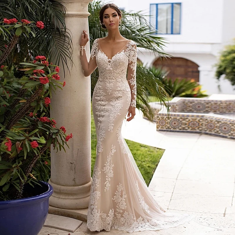 

2022 Mermaid Wedding Dresses V-Neck Illusion Full Sleeves Tulle Lace Appliques Backless Formal Elegant Bride Gowns