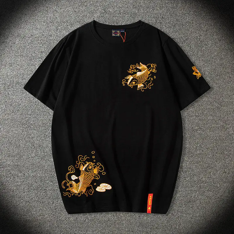 

Chinoiserie Knitting Cotton Koi Carp Embroidery T-shirt for Men Black White Short Sleeved Breathable Large Size Hanfu Chic Top