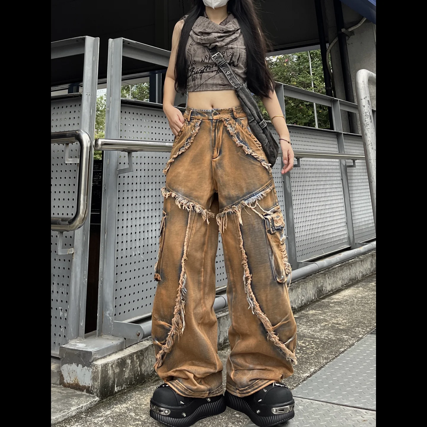 Womens Distressed Washed Jeans Wide Leg Deconstructed Denim Pants with Hems for Hip Hop Dance and Punk Streetwear Looks