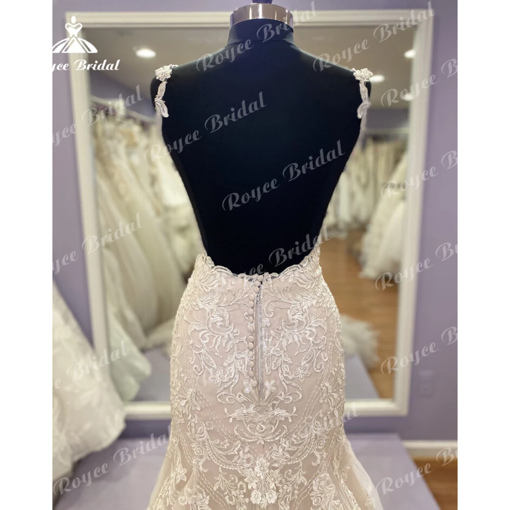 Exquisite Spitze Meerjungfrau Hochzeit Kleid Sexy V-ausschnitt Appliques Spaghetti-trägern Open Back Taste Für Frauen Brautkleid Sweep Vestido