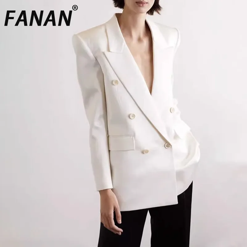 

FANAN Temperament Gathered Waist Blazers Women's Double Breasted Long Sleeve High End Jackets Female Coats 2025 Spring New