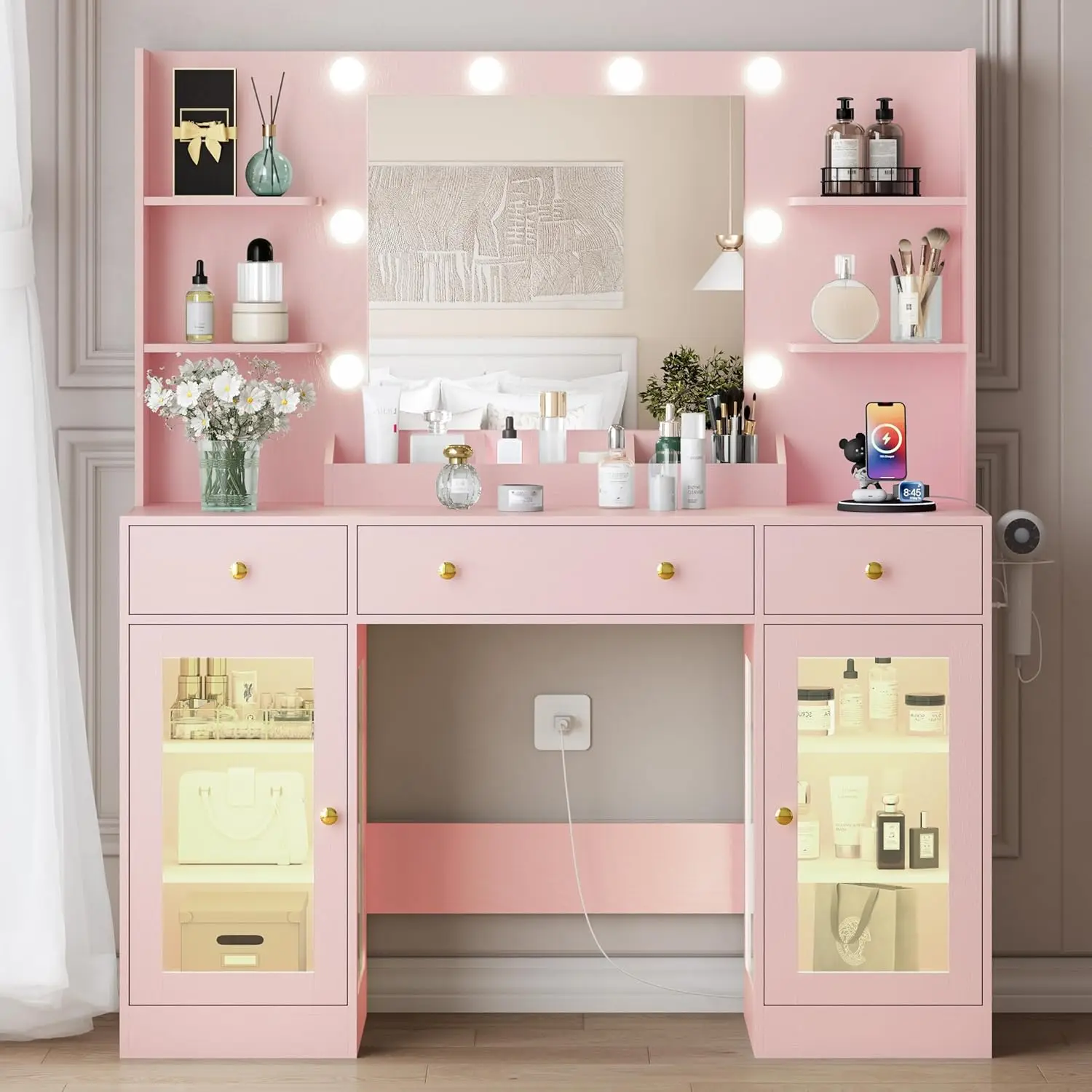 

Pink Makeup Vanity with LED Lights, 3-Drawer Dressing Table, RGB Mirror Cabinet & USB Outlet, Compact