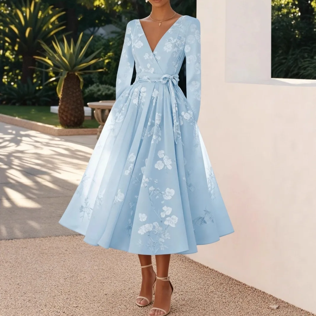 Damesjurk met print en vlinderdas Elegante banketjurk 2025, nieuwe luxe gastfeestavondjurk Chique sjerp Midi Maxi