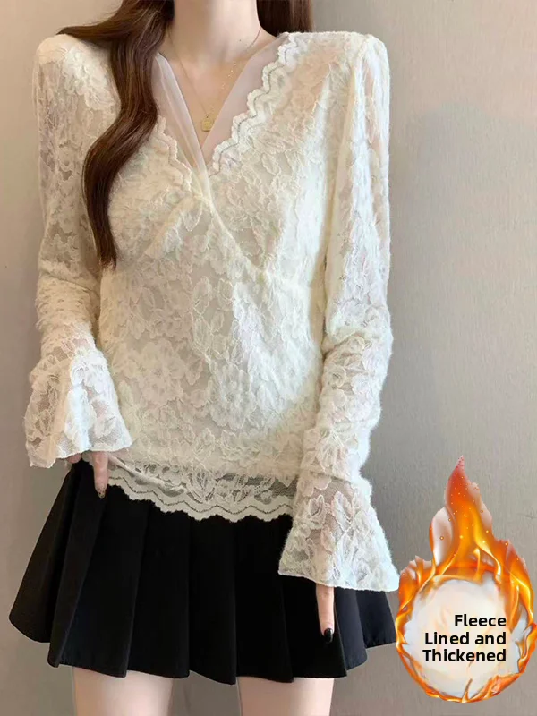 

Утепленный флисовый теплый топ с V-образным вырезом и кружевом, осенне-зимняя новинка, базовая кофта с рукавами-колокол, корейский стиль, для повседневной носки, женская.
