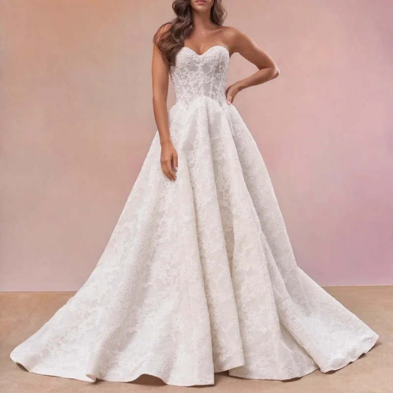 White Wedding Dresses Pearl Decal Skirt Long Tail A-Line Skirt Layered Made Wedding Dress Bridal Gown Customize