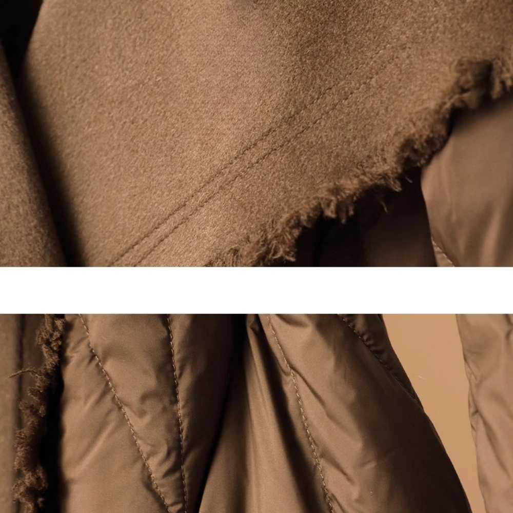 سيدة الموضة الأبيض بطة أسفل معطف الصوف المرقعة أسفل سترة للنساء 2025 الخريف الشتاء نمط جديد طويل ريشة سترة منفوخة #5