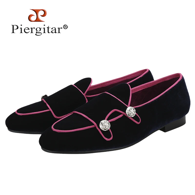 Piergitar Classic Model Navy And Purple Velvet Men Monk Shoes With Sliver Buttons For Party And Prom Handmade Slip-On Loafers