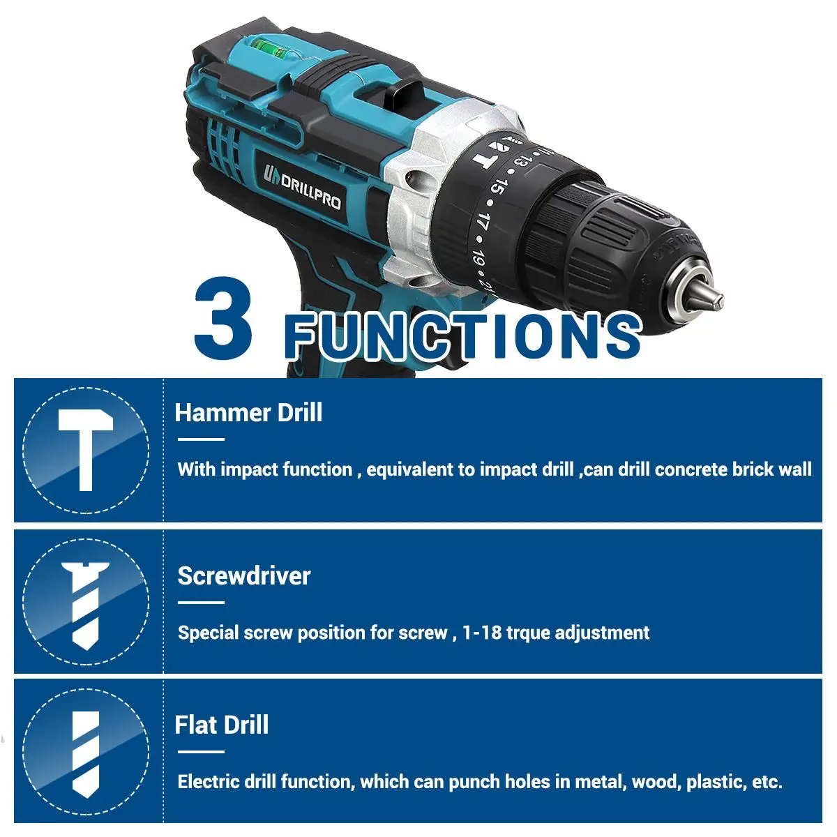 Drillpro 10MM Brushless Electric Drill 350N.M Cordless 25+3 Torque Screwdriver With Impact Function Drill Winter Ice Power Tools