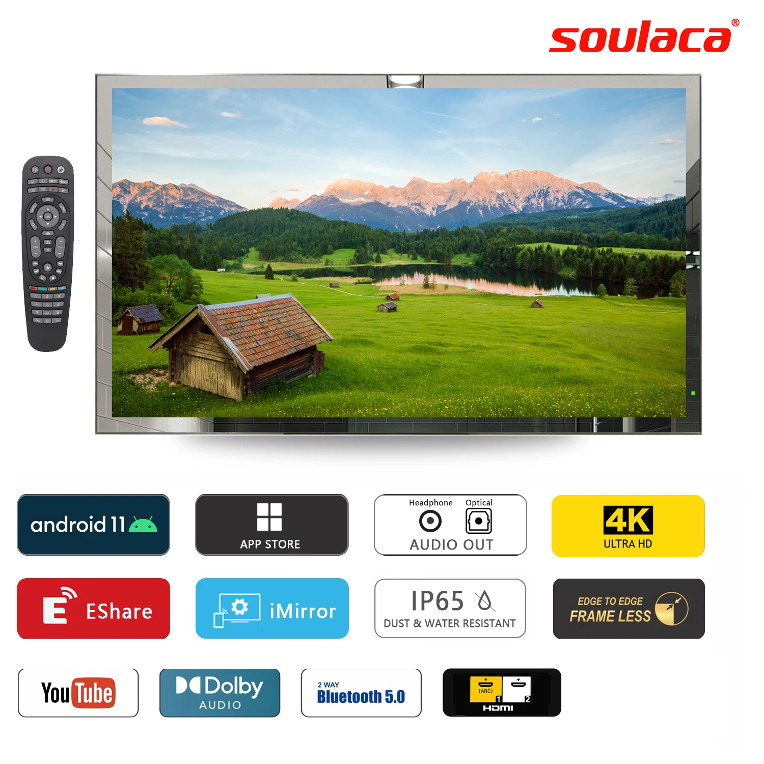Soulaca 43 дюйма Smart Android11.0 Зеркало 4K LED ТВ Большой экран Ванная комната IP65 Водонепроницаемый Встроенный Wi-Fi Bluetooth SPA для США/ЕС