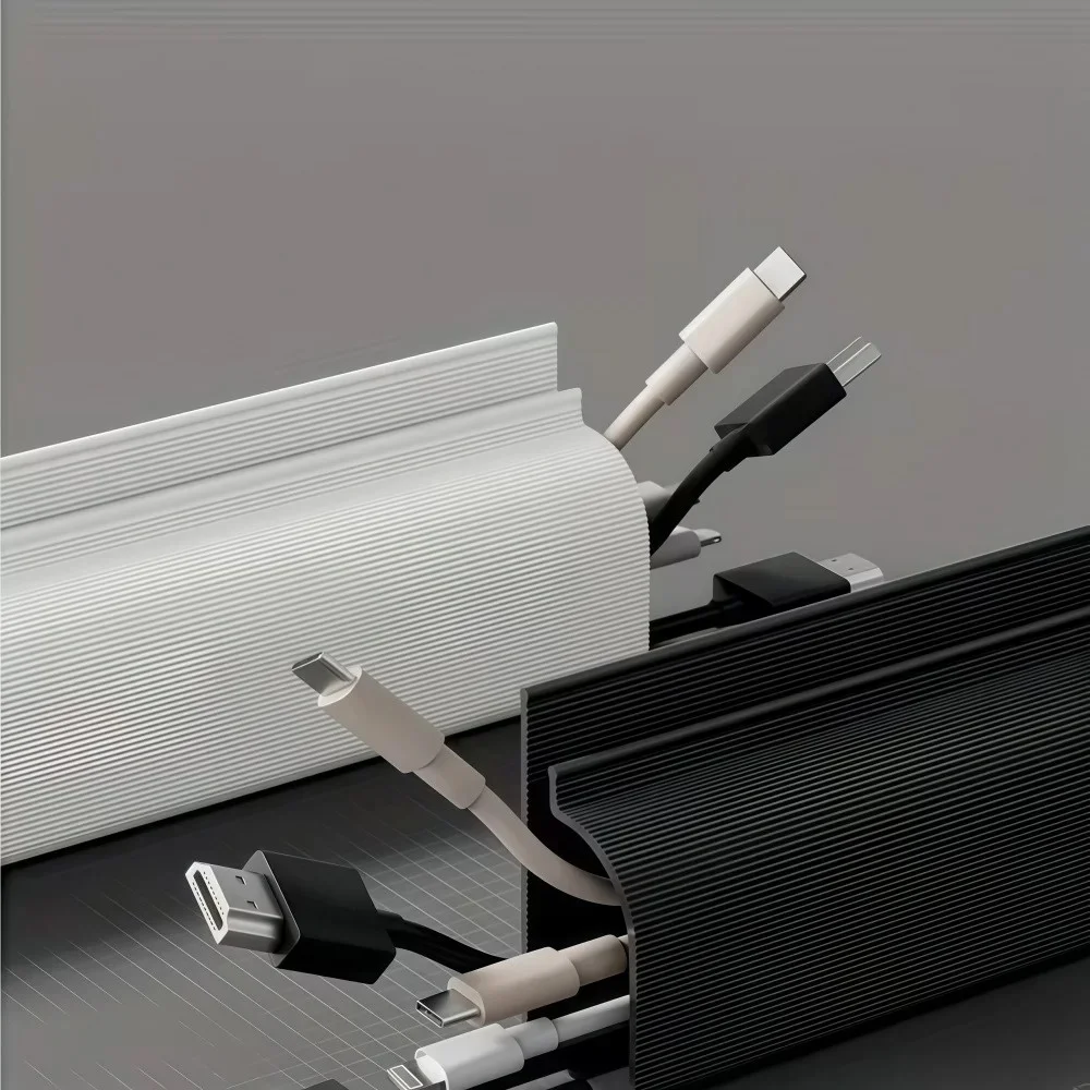 1PC Sleek Black and White Self-Adhesive Under-Desk Cable Tray | PVC Invisible Slot Organizer， No-Drill Installation