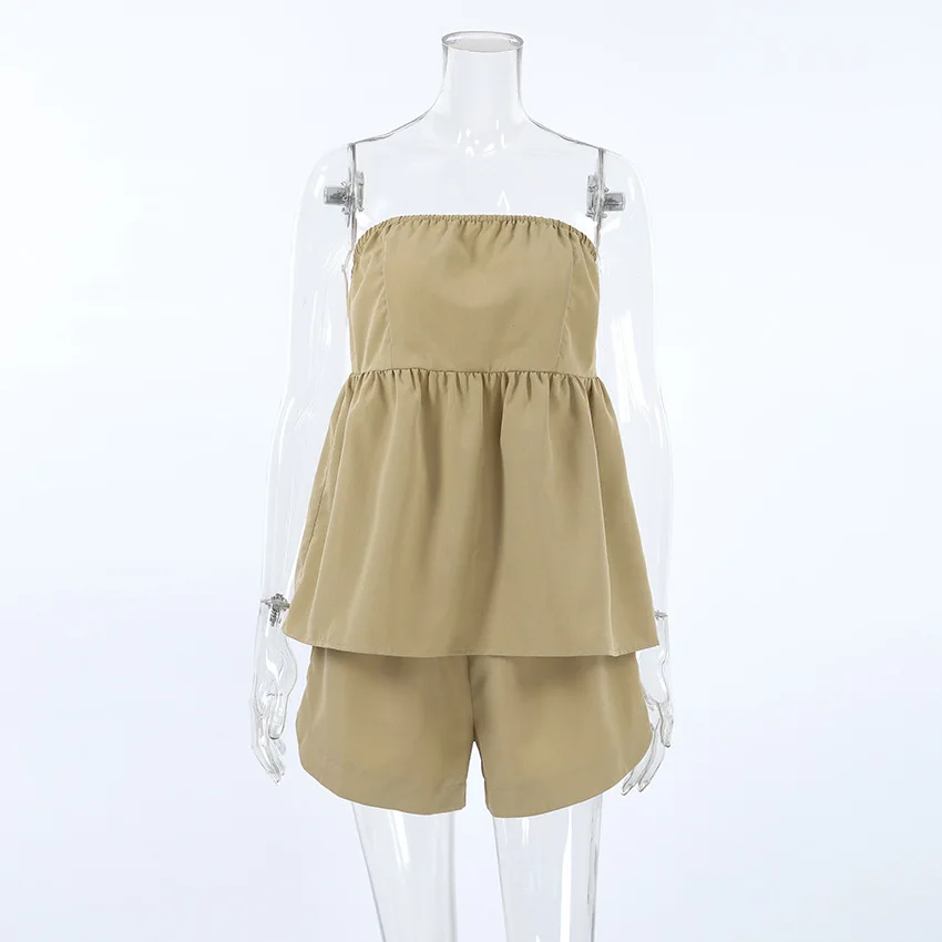 

Комплект из двух предметов, женский наряд, новинка лета 2025, хаки, бандо без рукавов, гофрированный топ и повседневный комплект с широкими шортами с высокой талией